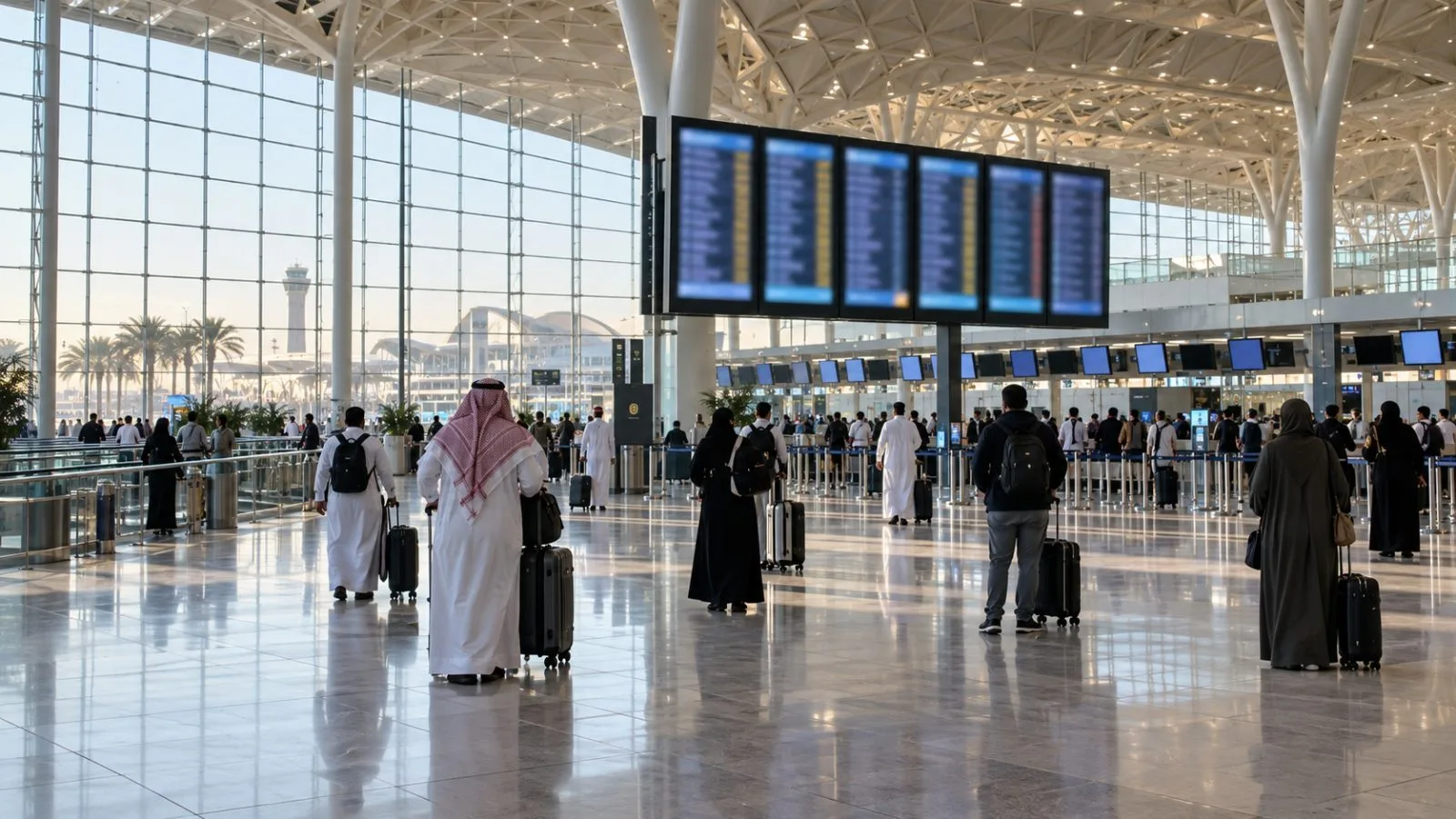 Travelers wheel suitcases through the international departures hall at King Khalid International Airport in Riyadh. (AI-generated image / EconoTimes)