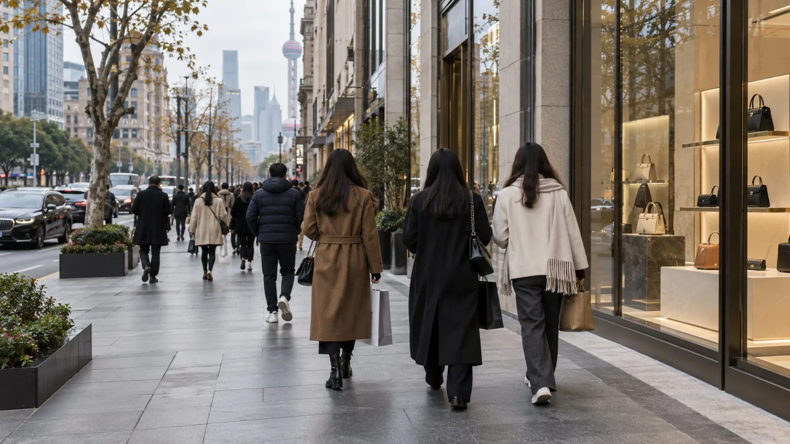 Shoppers pass handbag displays along Nanjing West Road in Shanghai, China. (AI-generated image / EconoTimes)