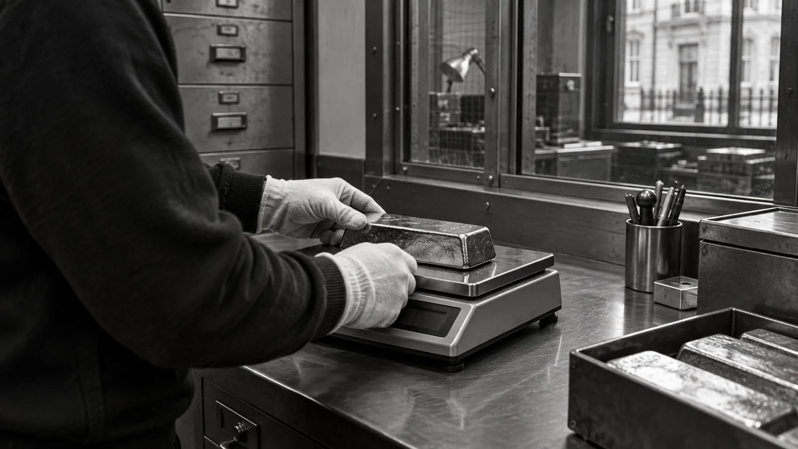 A bullion dealer weighs a gold bar at a counter in London’s Hatton Garden district / EconoTimes.ai