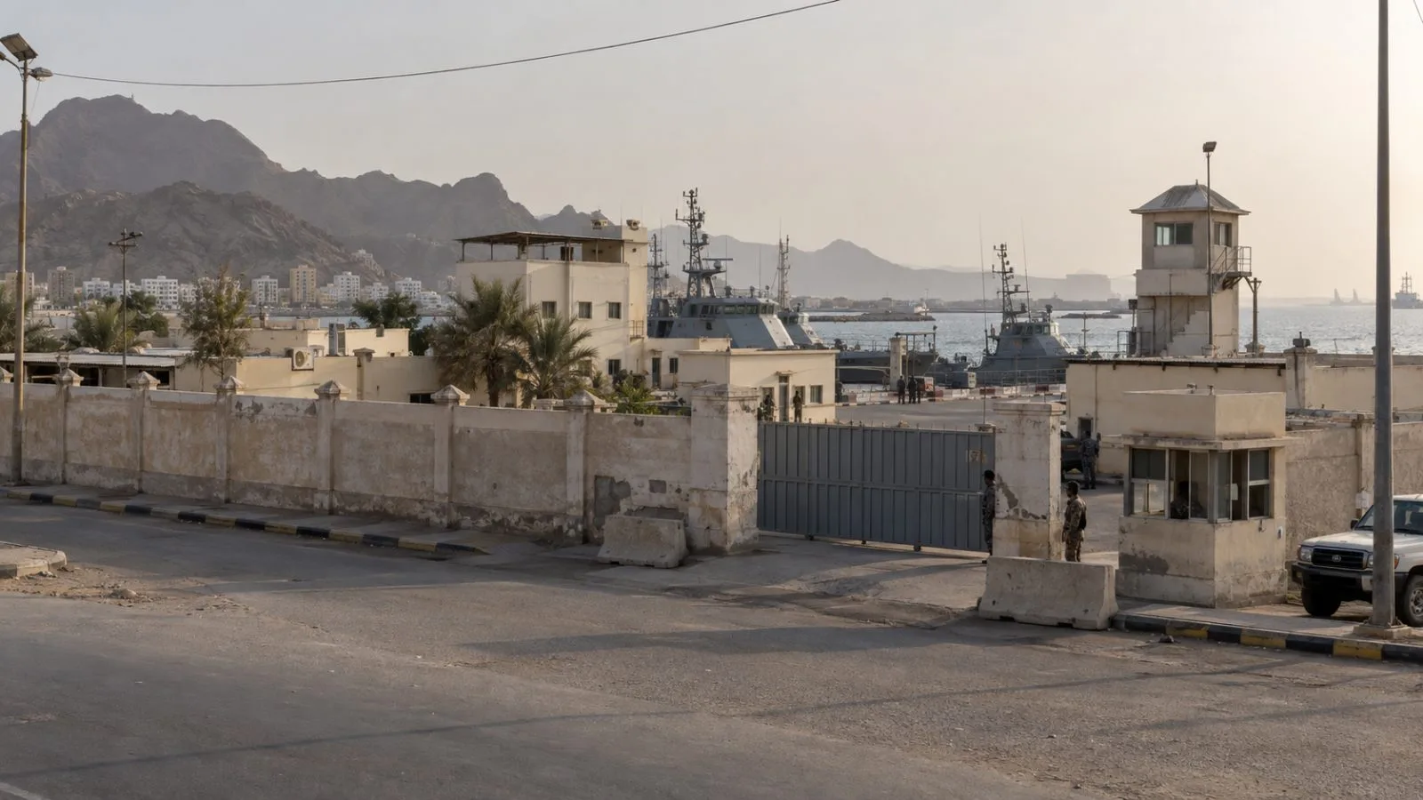 A Coast Guard compound stands behind a security gate in Aden, Yemen. (AI-generated image / EconoTimes)