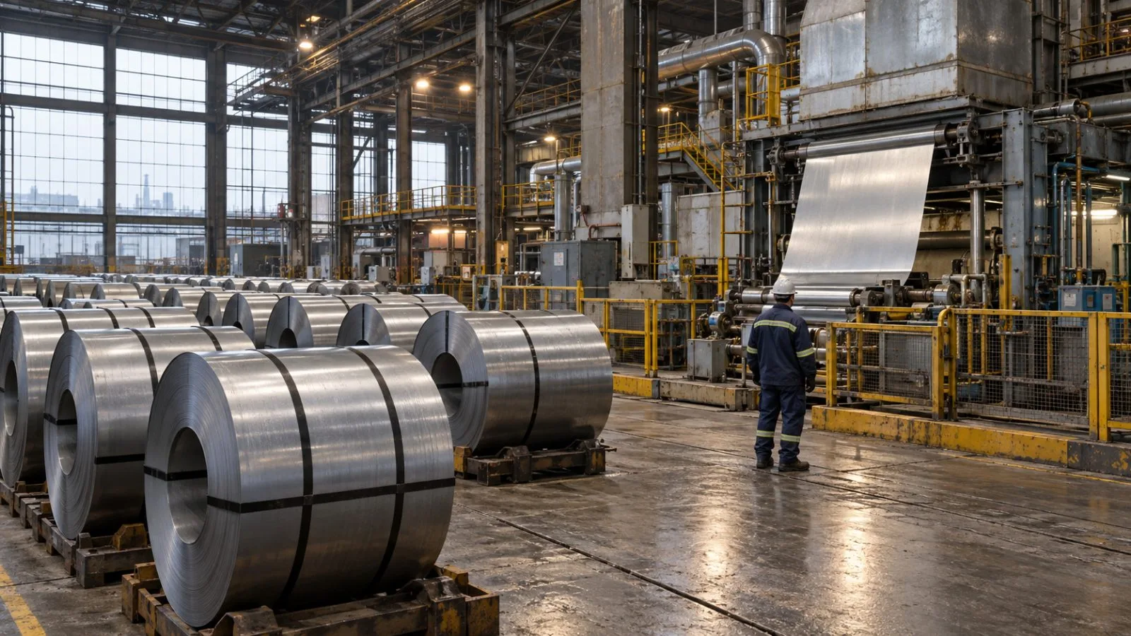 Steel coils sit beside a galvanizing line inside a Hamilton, Ontario, steel mill. (AI-generated image / EconoTimes)