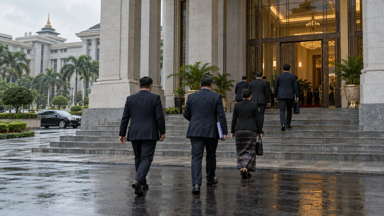Government buildings line a broad avenue in Naypyitaw, Myanmar, beneath an overcast sky. (AI-generated image / EconoTimes)