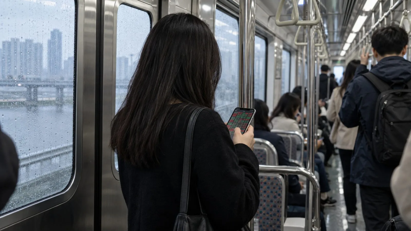 A commuter checks a smartphone aboard a Seoul subway train during the morning rush. (AI-generated image / EconoTimes)