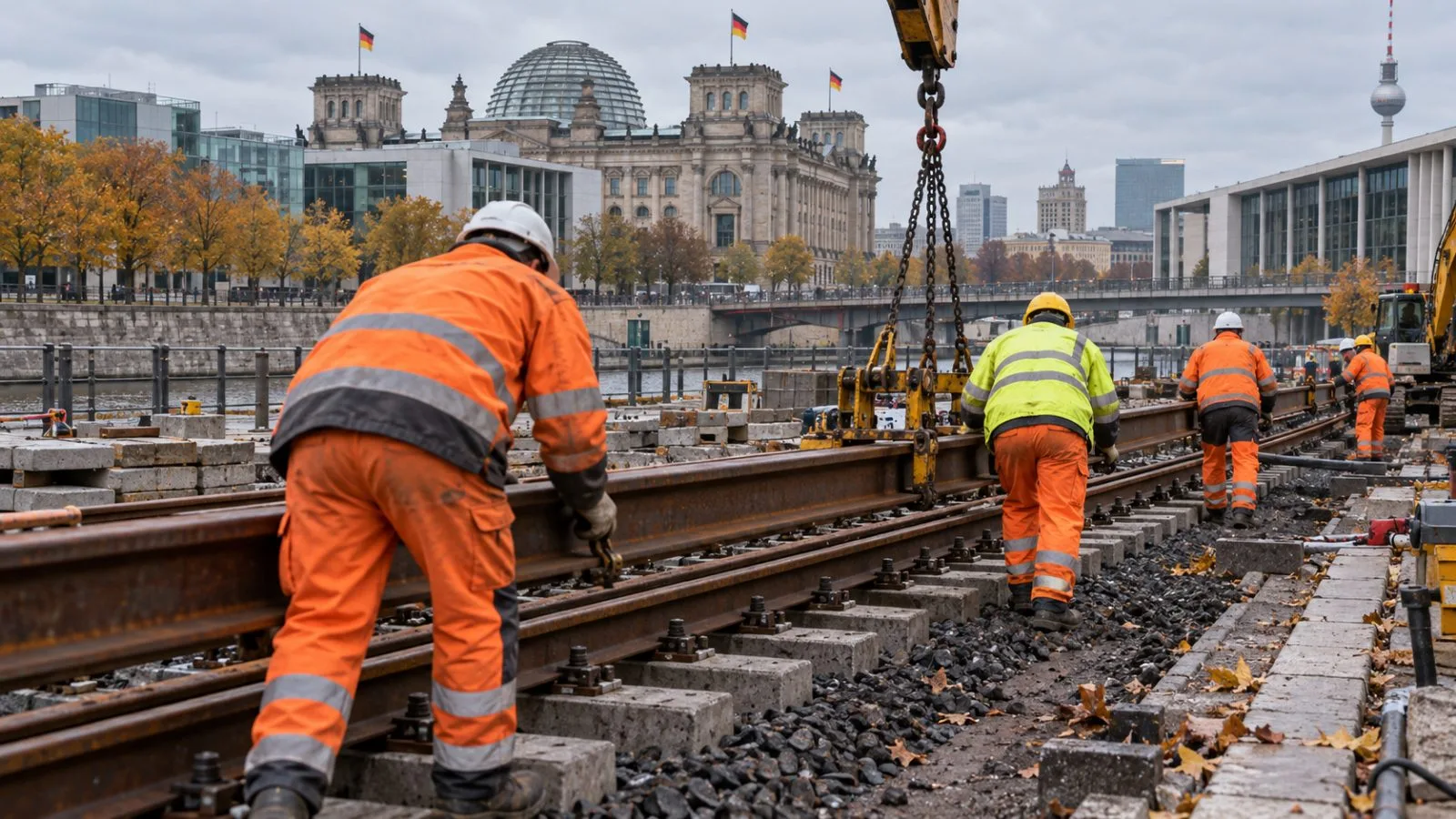 Workers guide rail sections at a construction site in central Berlin, Germany. (AI-generated image / EconoTimes)