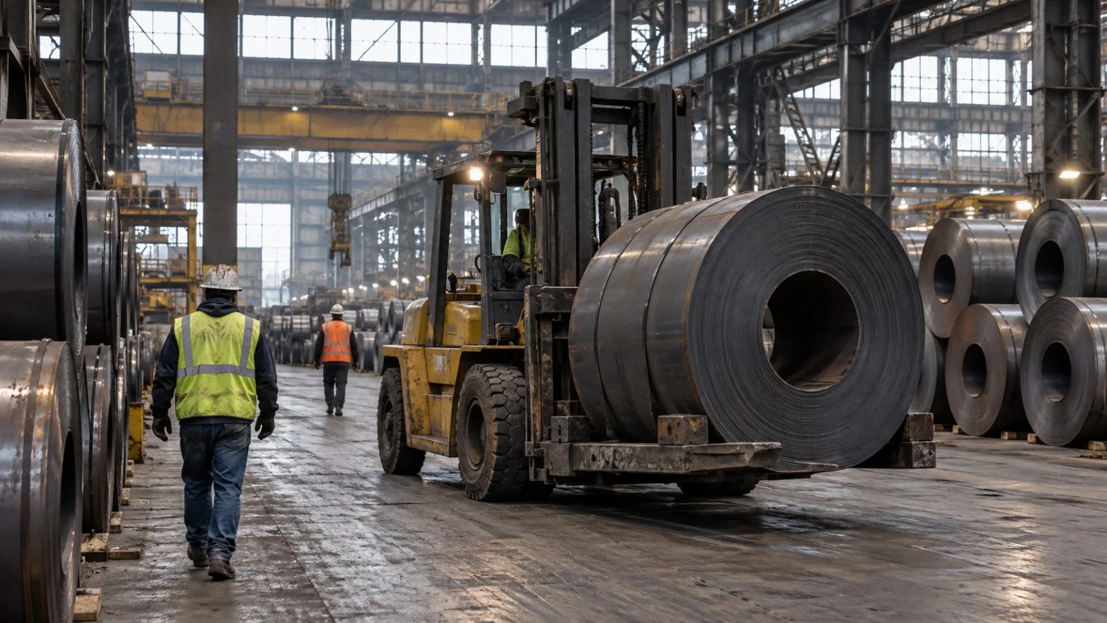A forklift moves a steel coil through a mill storage bay in Gary, Indiana (AI-generated image / EconoTimes)