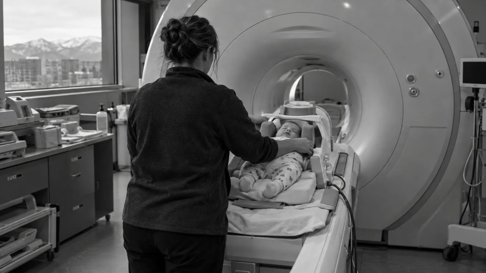A sleeping infant rests in a padded MRI cradle at a university research center in Denver. (AI-generated image / EconoTimes)