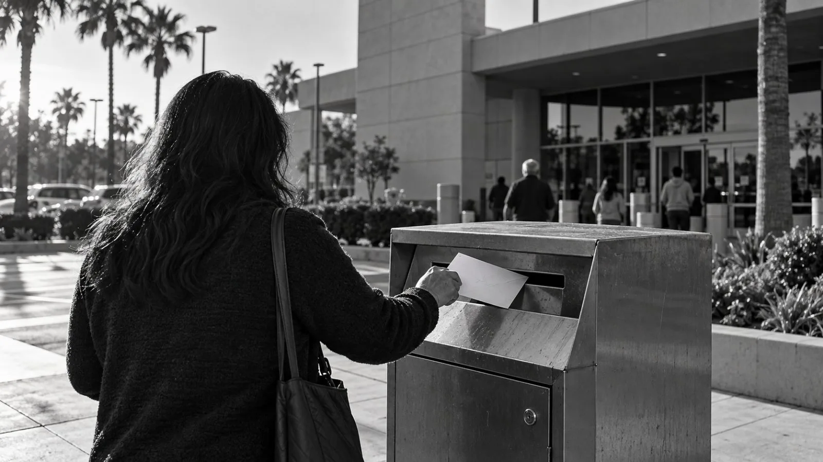 A voter deposits a mail ballot outside the county election office in Norwalk, California. / EconoTimes.ai