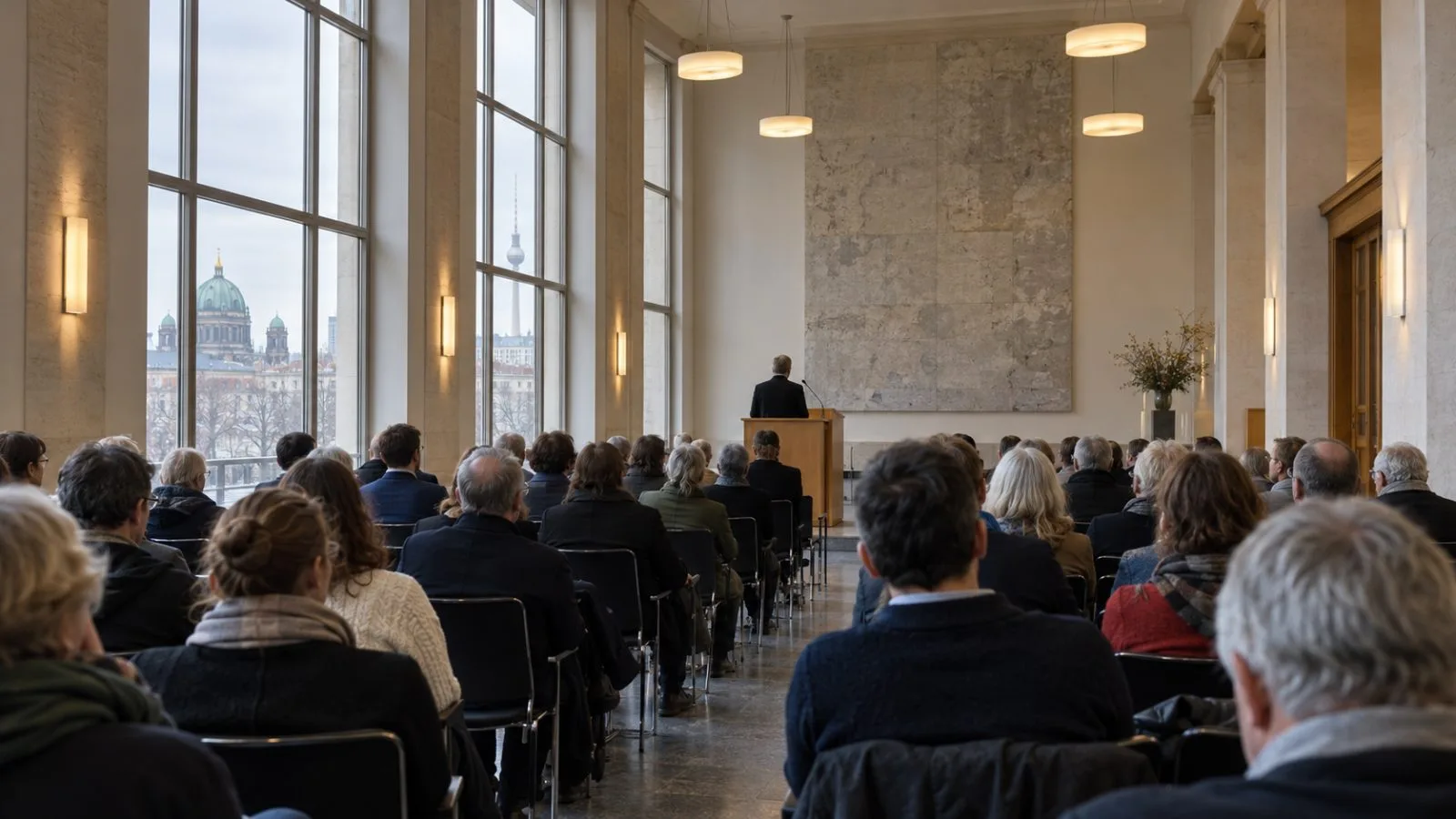 Attendees listen as a speaker addresses a public event in Berlin, Germany. (AI-generated image / EconoTimes)