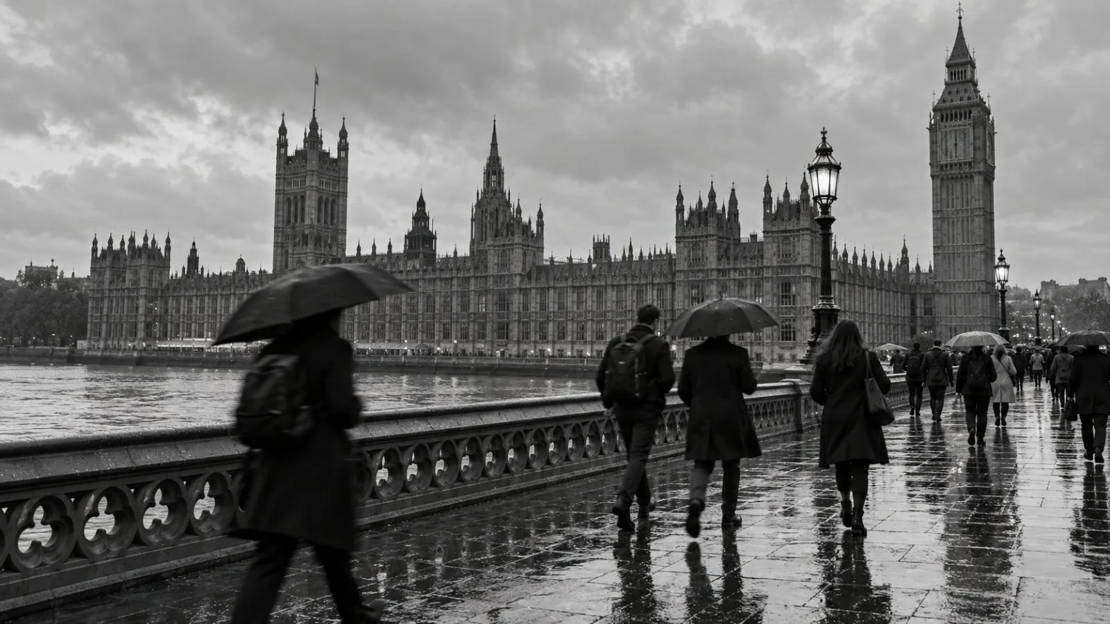 Commuters pass the Palace of Westminster in London on a wet autumn morning. (AI-generated image / EconoTimes)