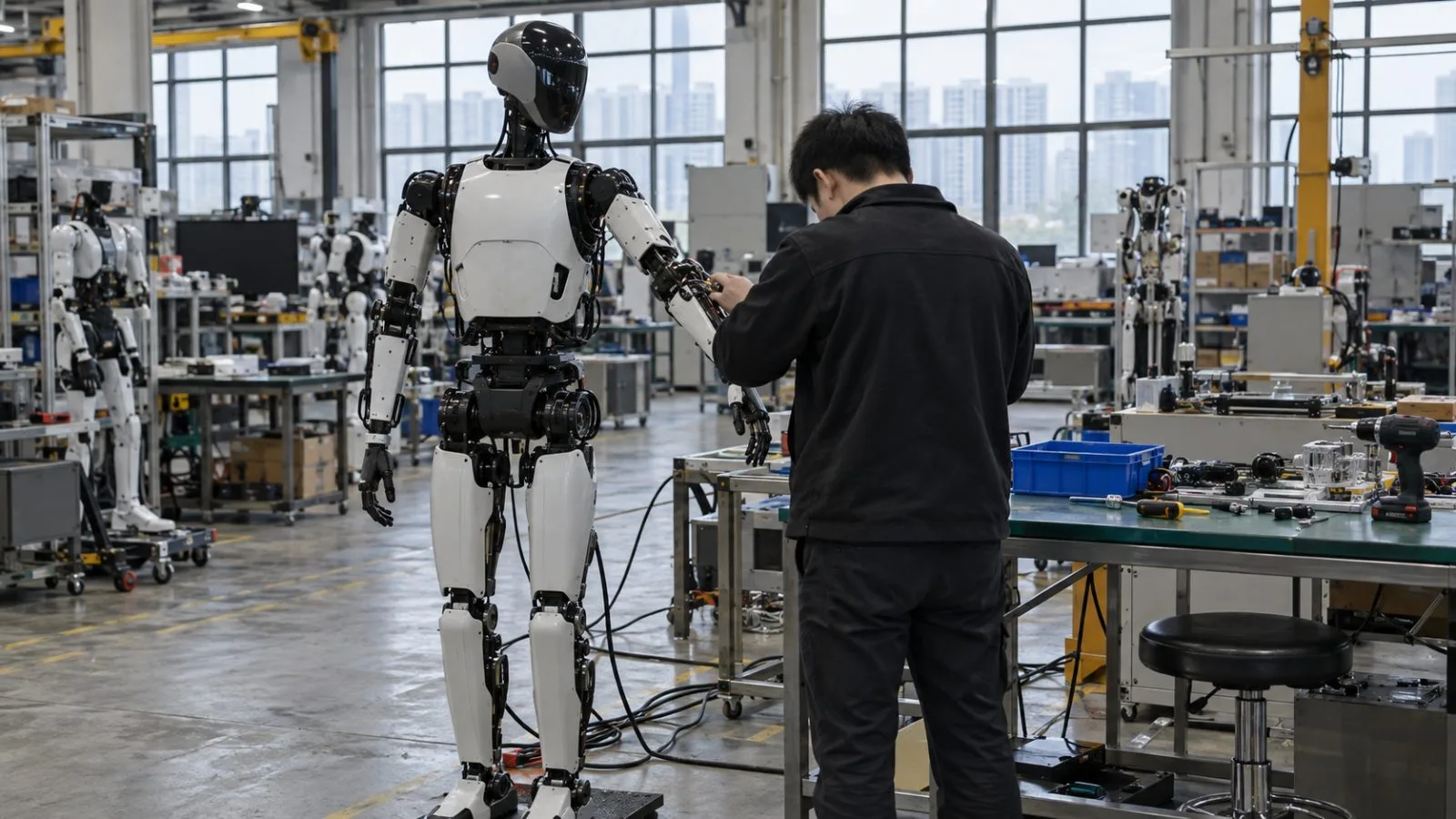 A humanoid robot stands on a testing floor inside a robotics workshop in Shenzhen, China (AI-generated image / EconoTimes)