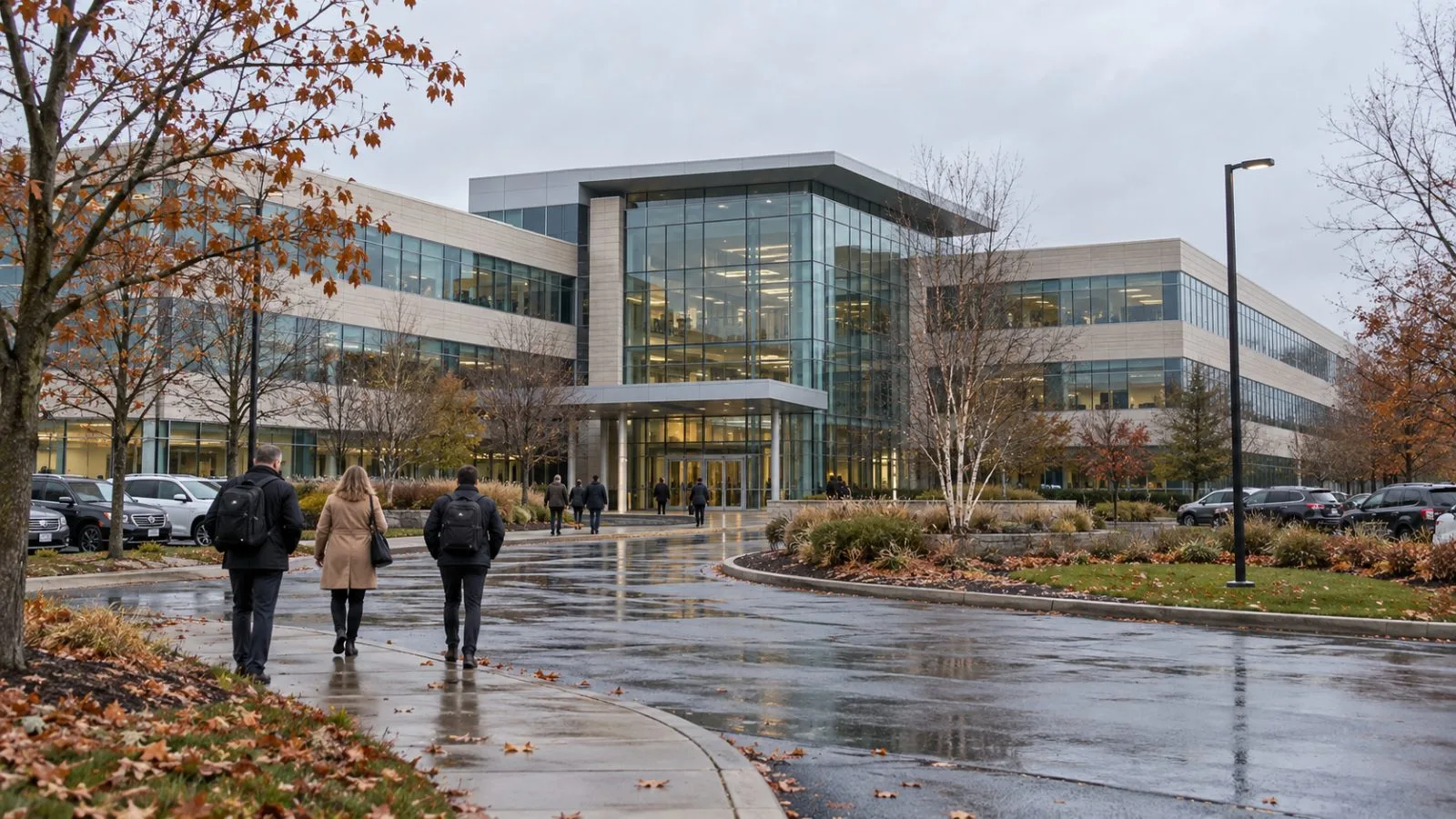 Employees enter Avery Dennison’s headquarters in Mentor, Ohio, on an overcast morning (AI-generated image / EconoTimes)