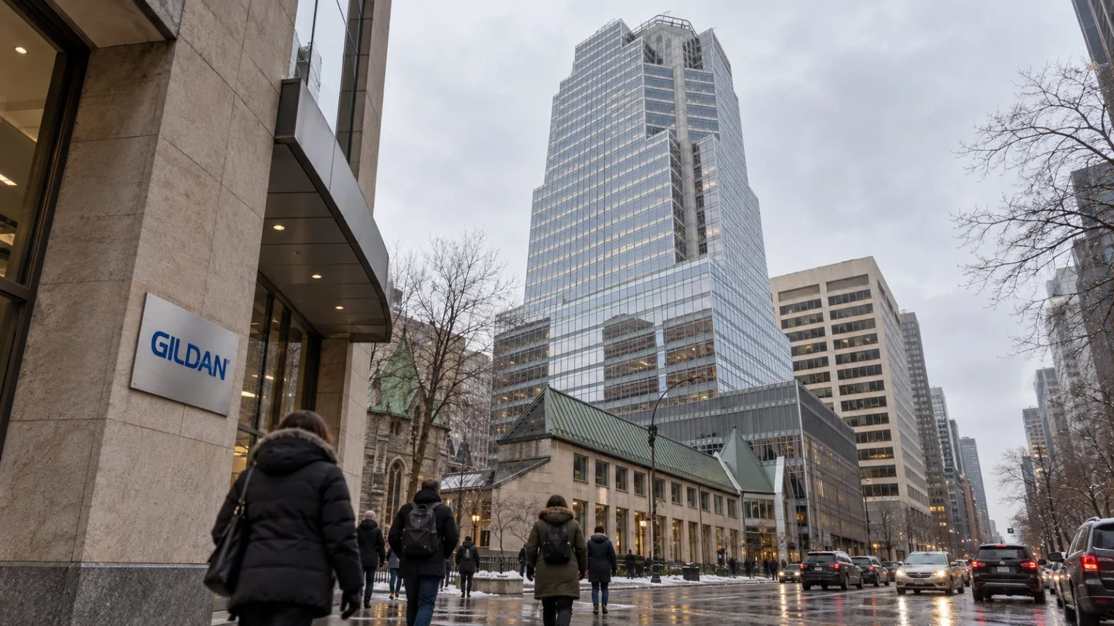 Pedestrians pass Gildan Activewear’s headquarters in downtown Montréal, Canada. / EconoTimes.ai