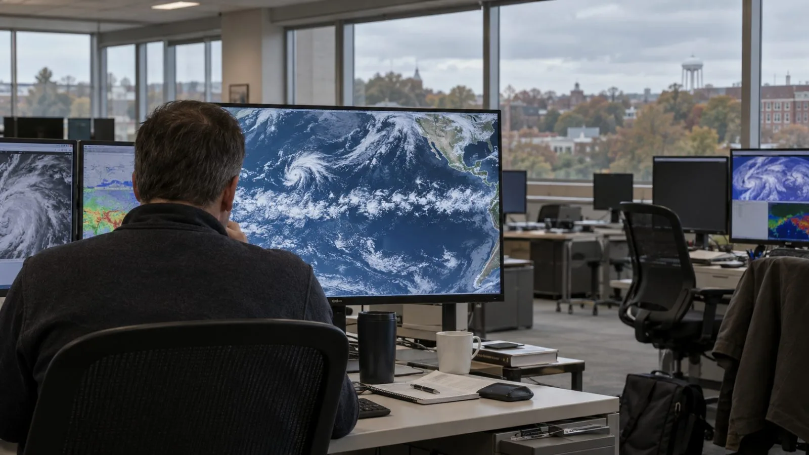 A forecaster studies an equatorial Pacific map at NOAA’s climate center in College Park, Maryland. (AI-generated image / EconoTimes)