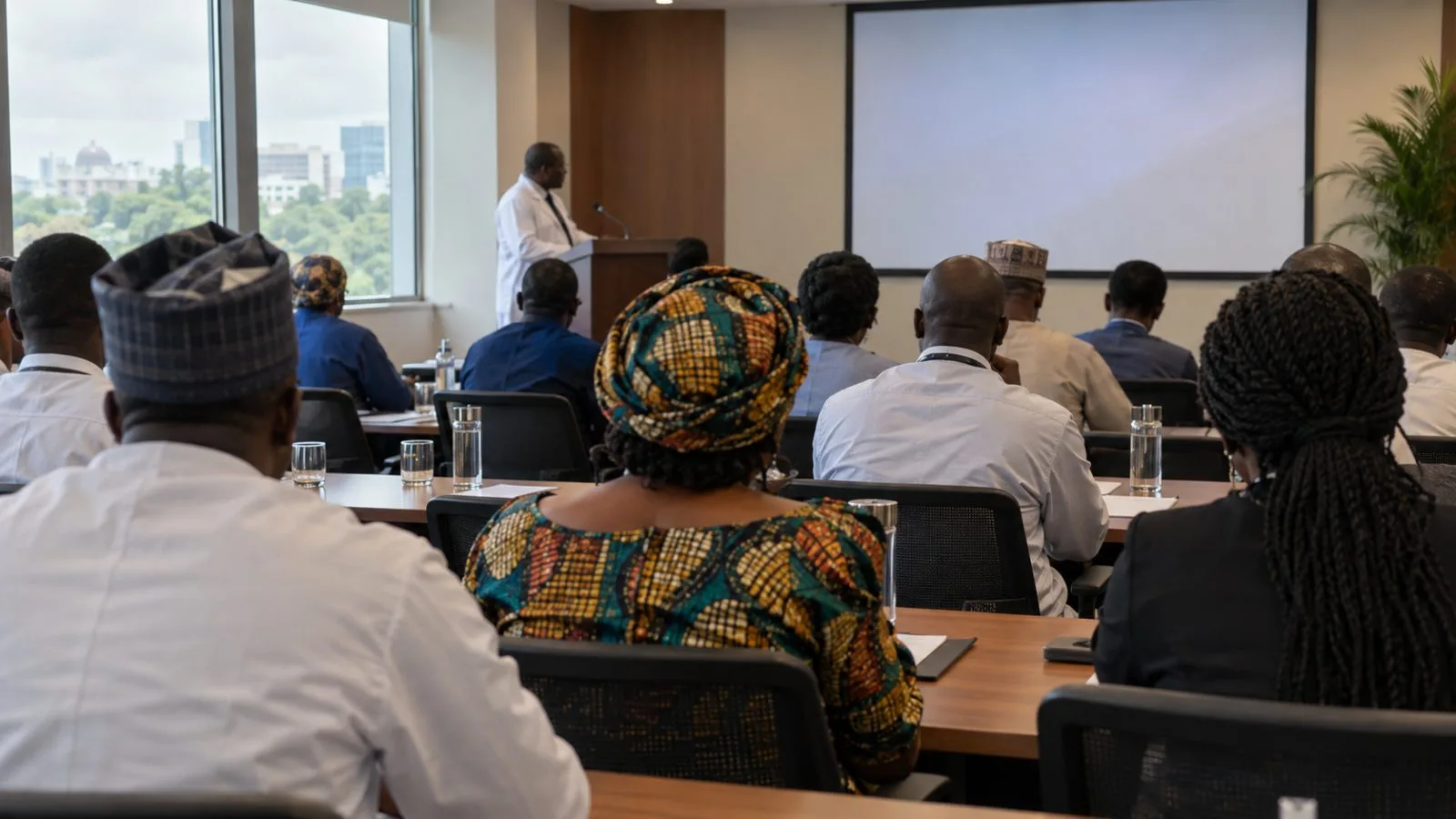 Attendees listen at a medical specialist’s anniversary press conference in Abuja, Nigeria. (AI-generated image / EconoTimes)
