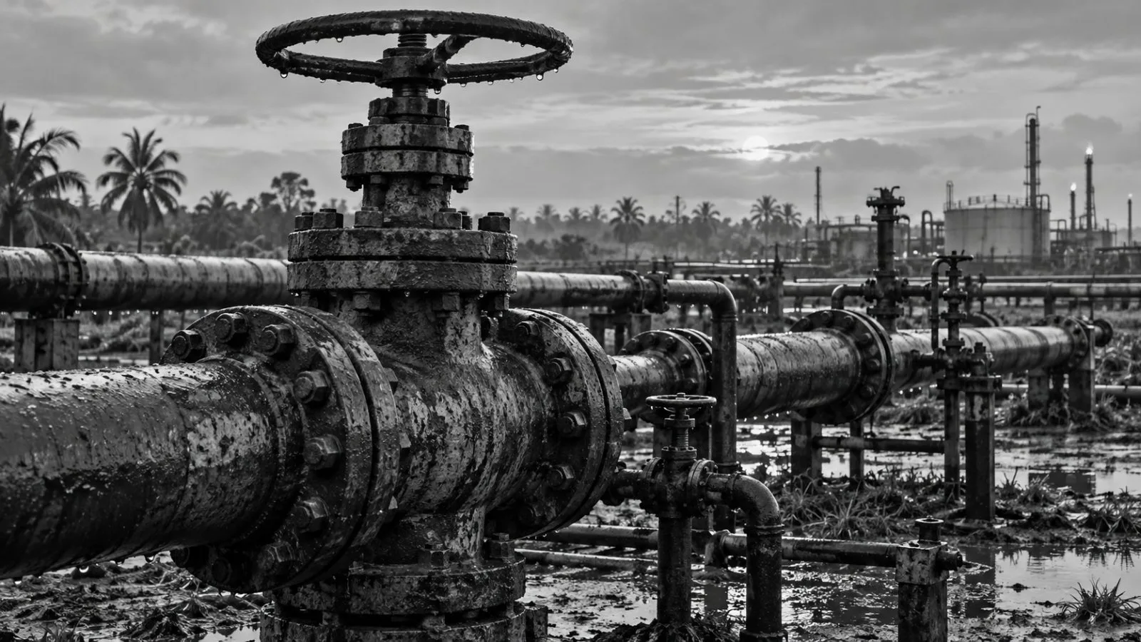 Steel gathering pipes cross an oil production site in Nigeria’s Niger Delta near Port Harcourt. (AI-generated image / EconoTimes)