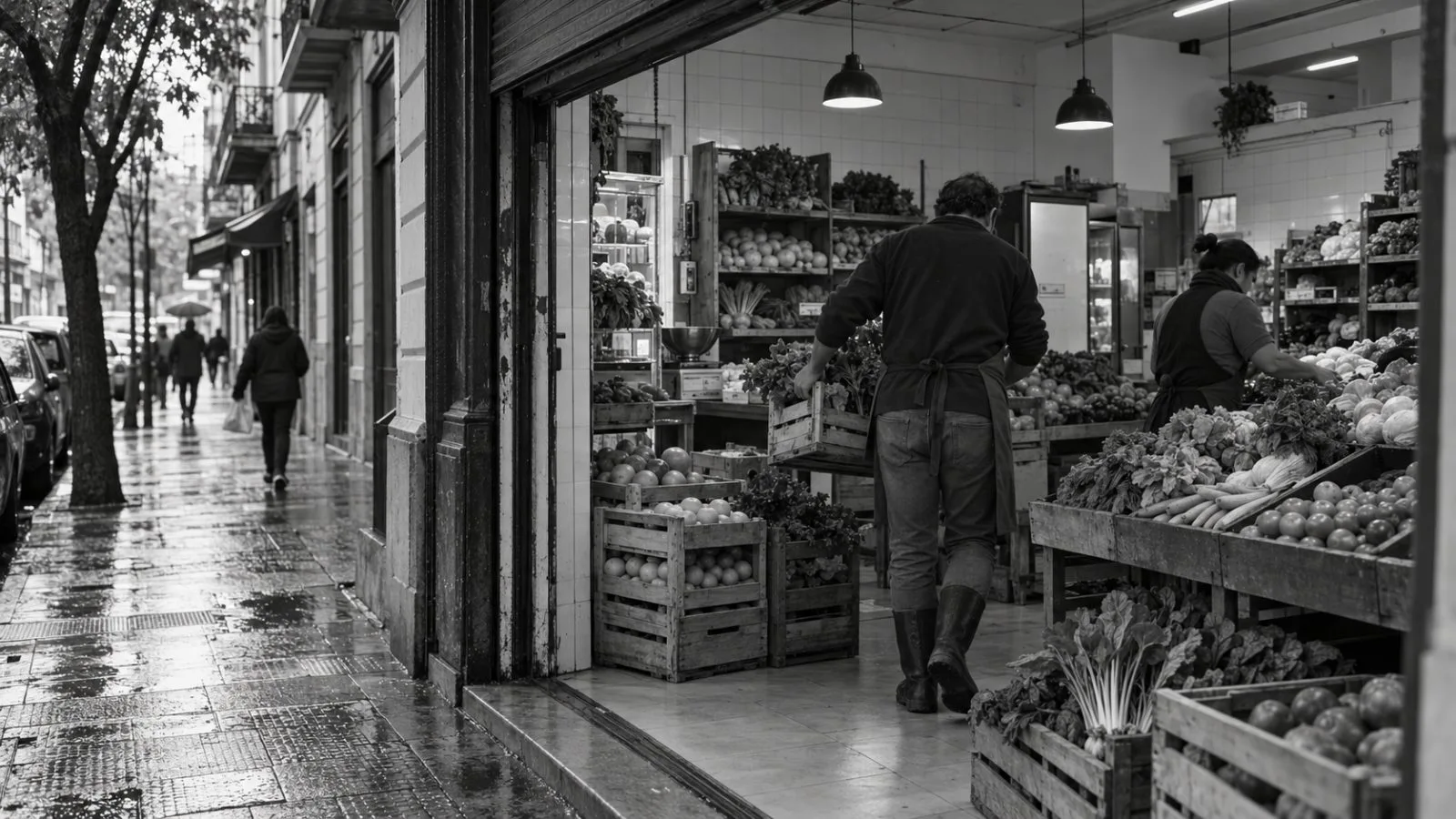 A shopkeeper and an employee arrange produce inside a neighborhood grocery in Buenos Aires, Argentina. (AI-generated image / EconoTimes)