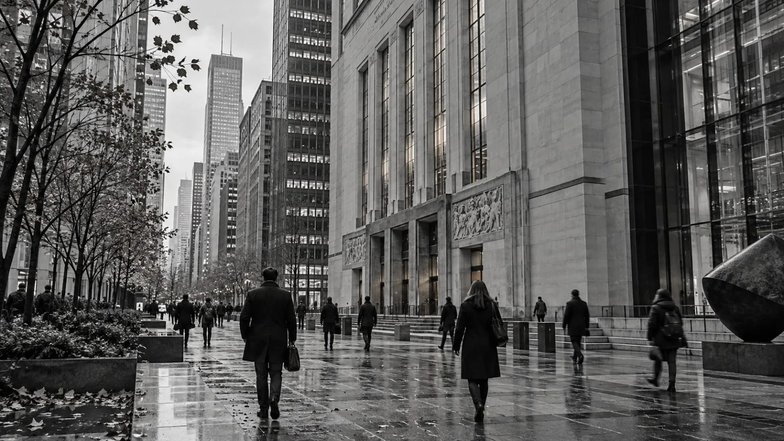 Pedestrians pass the Toronto Stock Exchange in Toronto's financial district on an overcast autumn morning. (AI-generated image / EconoTimes)