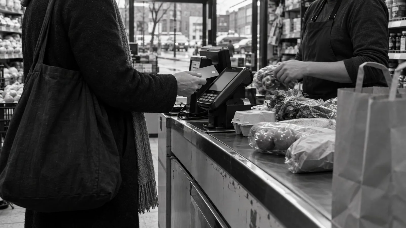 A shopper holds a credit card at a grocery checkout in New York City. (AI-generated image / EconoTimes)
