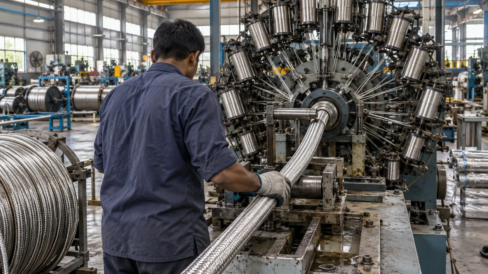 Workers braid stainless steel hose on a factory line in Navi Mumbai, India. (AI-generated image / EconoTimes)