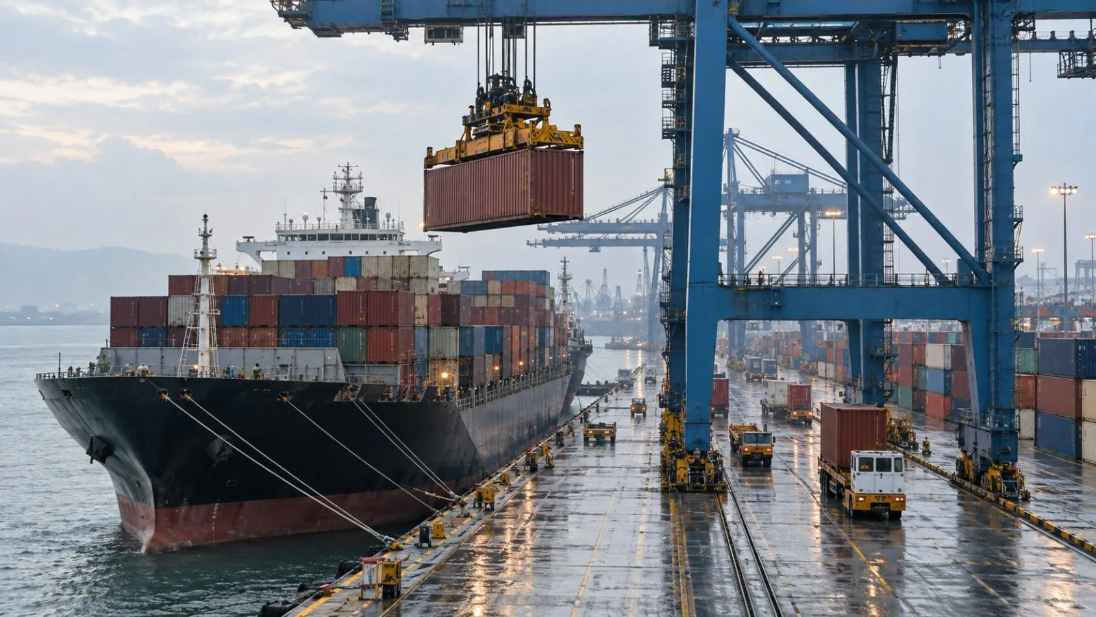 A gantry crane moves a cargo container at Jawaharlal Nehru Port in Navi Mumbai. (AI-generated image / EconoTimes)