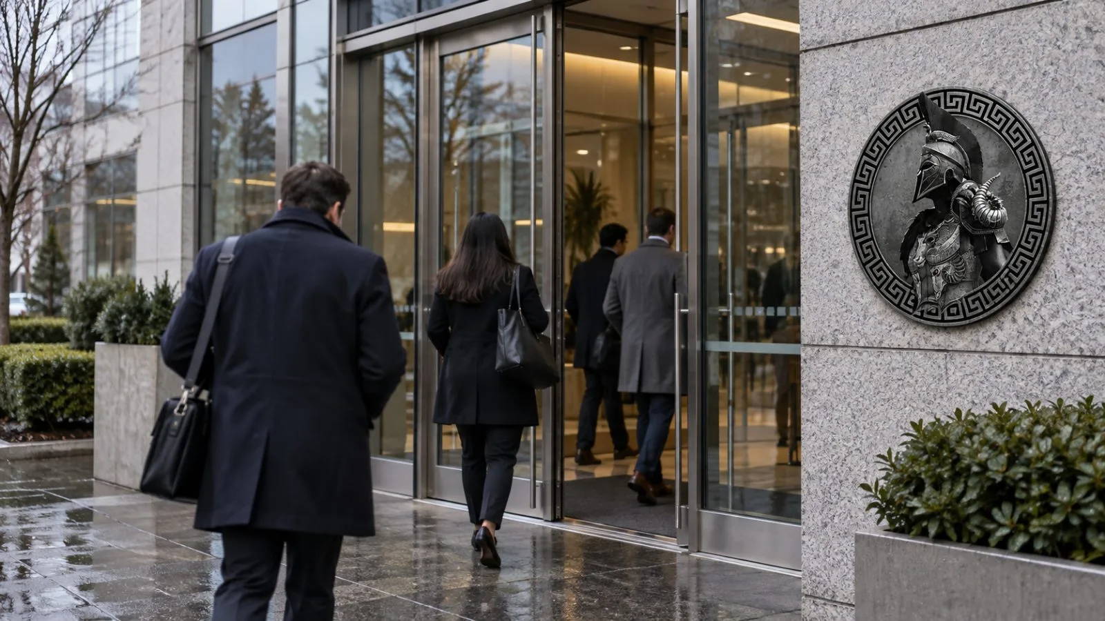 Workers enter an office building in McLean, Virginia, on an overcast morning. / EconoTimes.ai