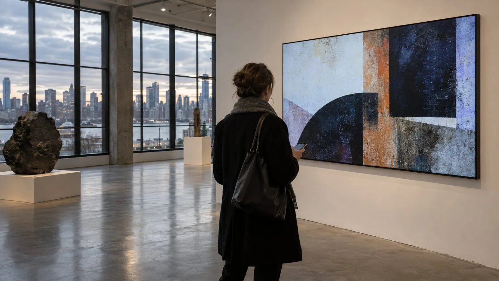 A visitor views digital artwork inside a gallery in New York City. (AI-generated image / EconoTimes)