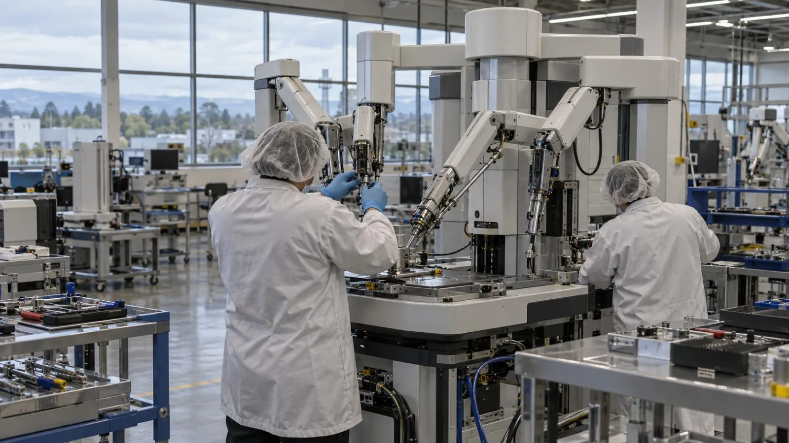 Technicians inspect a robotic surgical system at a manufacturing facility in Sunnyvale, California. (AI-generated image / EconoTimes)