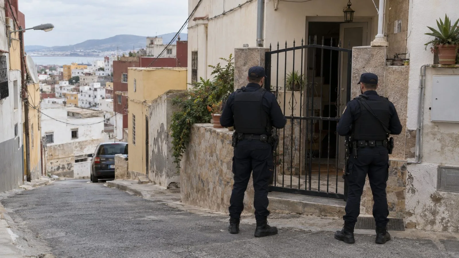 Police officers stand outside a residential property in Ceuta’s El Príncipe district. (AI-generated image / EconoTimes)