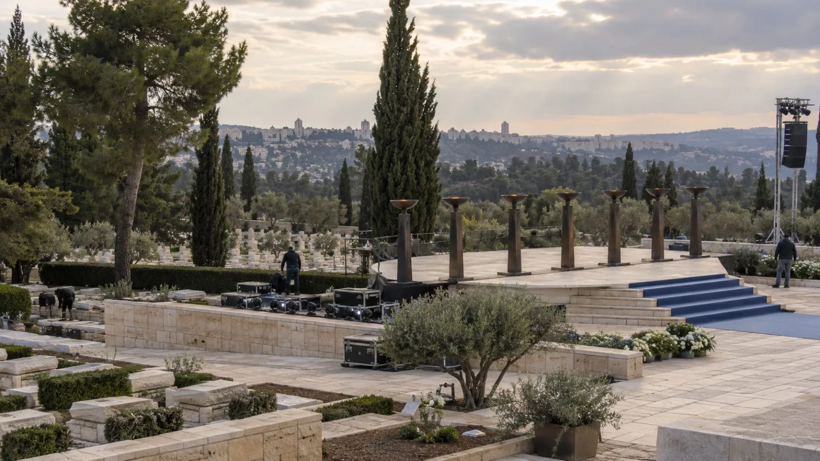 An unlit ceremony platform stands at Mount Herzl in Jerusalem. (AI-generated image / EconoTimes)
