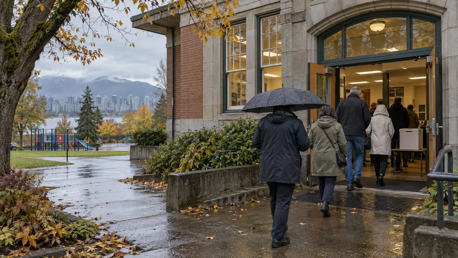 Voters enter a neighborhood school serving as a polling station in Vancouver, British Columbia. (AI-generated image / EconoTimes)