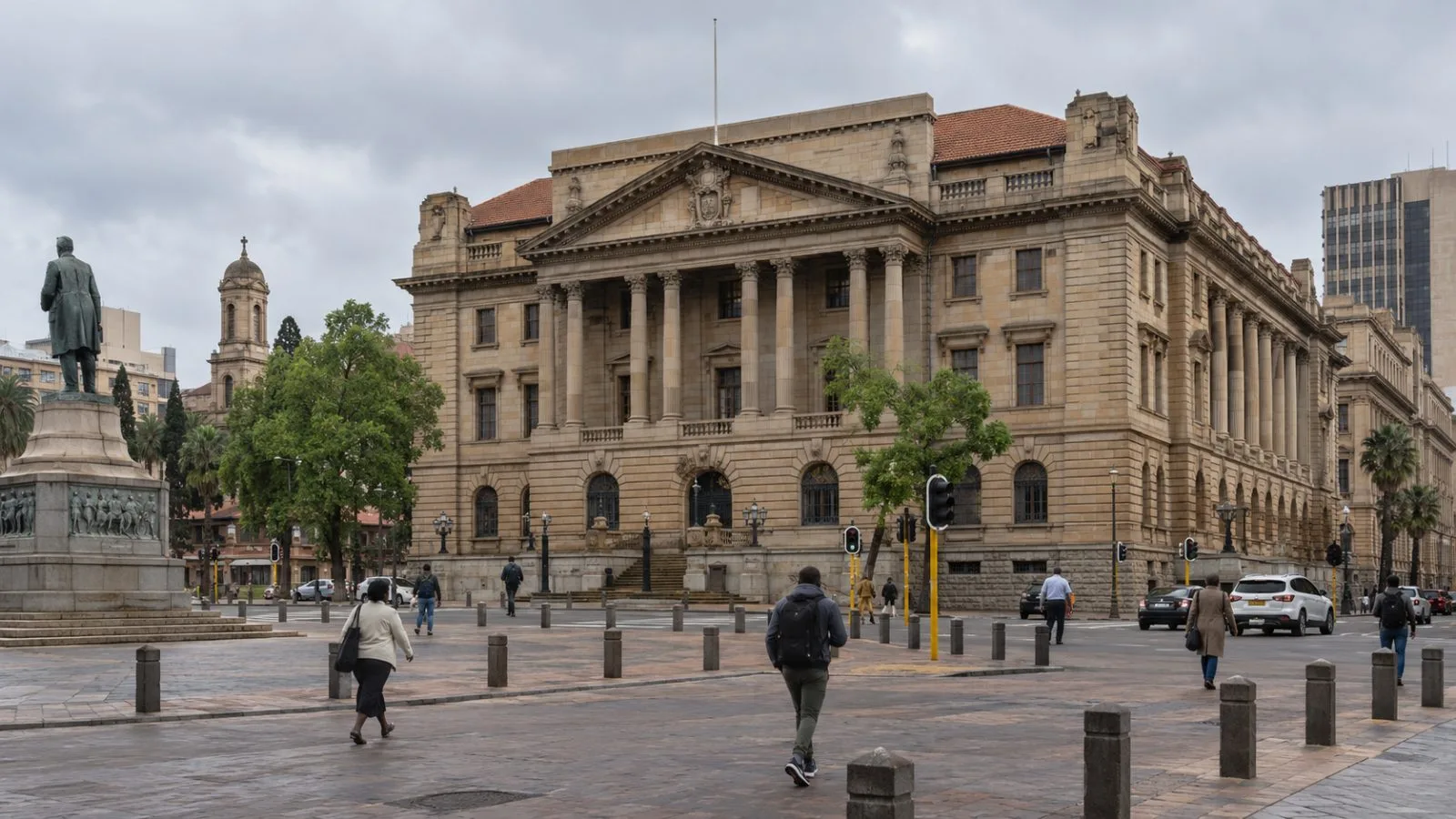 The Old Reserve Bank Building housing South Africa's National Treasury stands beside Church Square in Pretoria. (AI-generated image / EconoTimes)