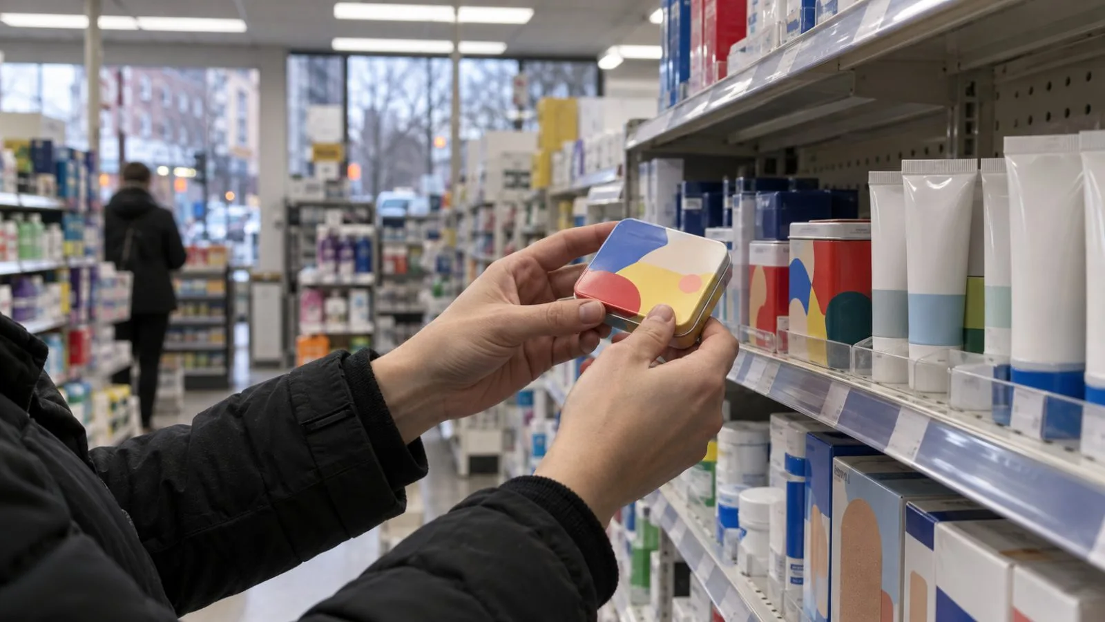 A shopper lifts a first-aid bandage tin from a pharmacy shelf in New York City. (AI-generated image / EconoTimes)