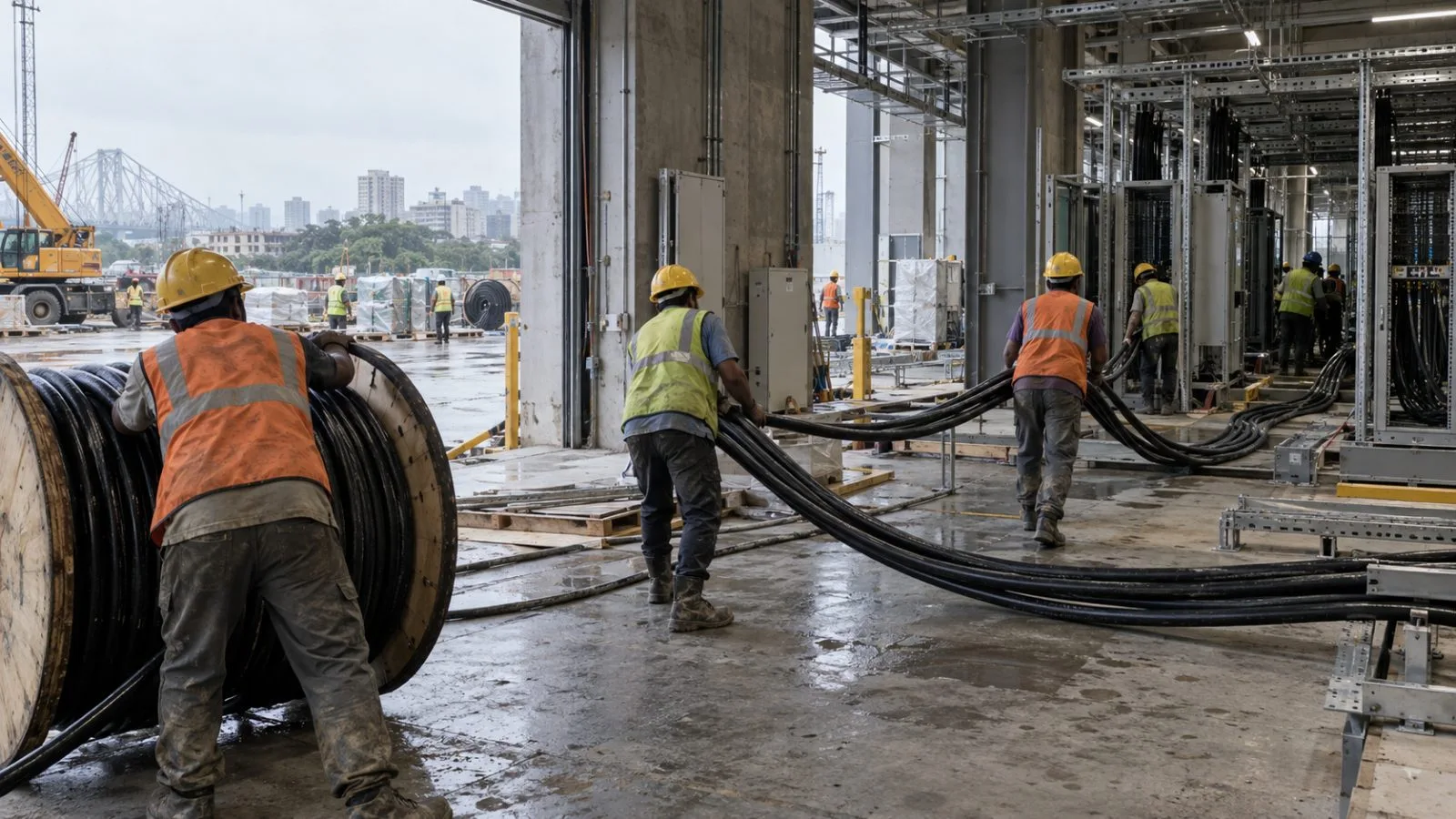Workers guide power cables into an unfinished data-center hall in Kolkata, India. (AI-generated image / EconoTimes)