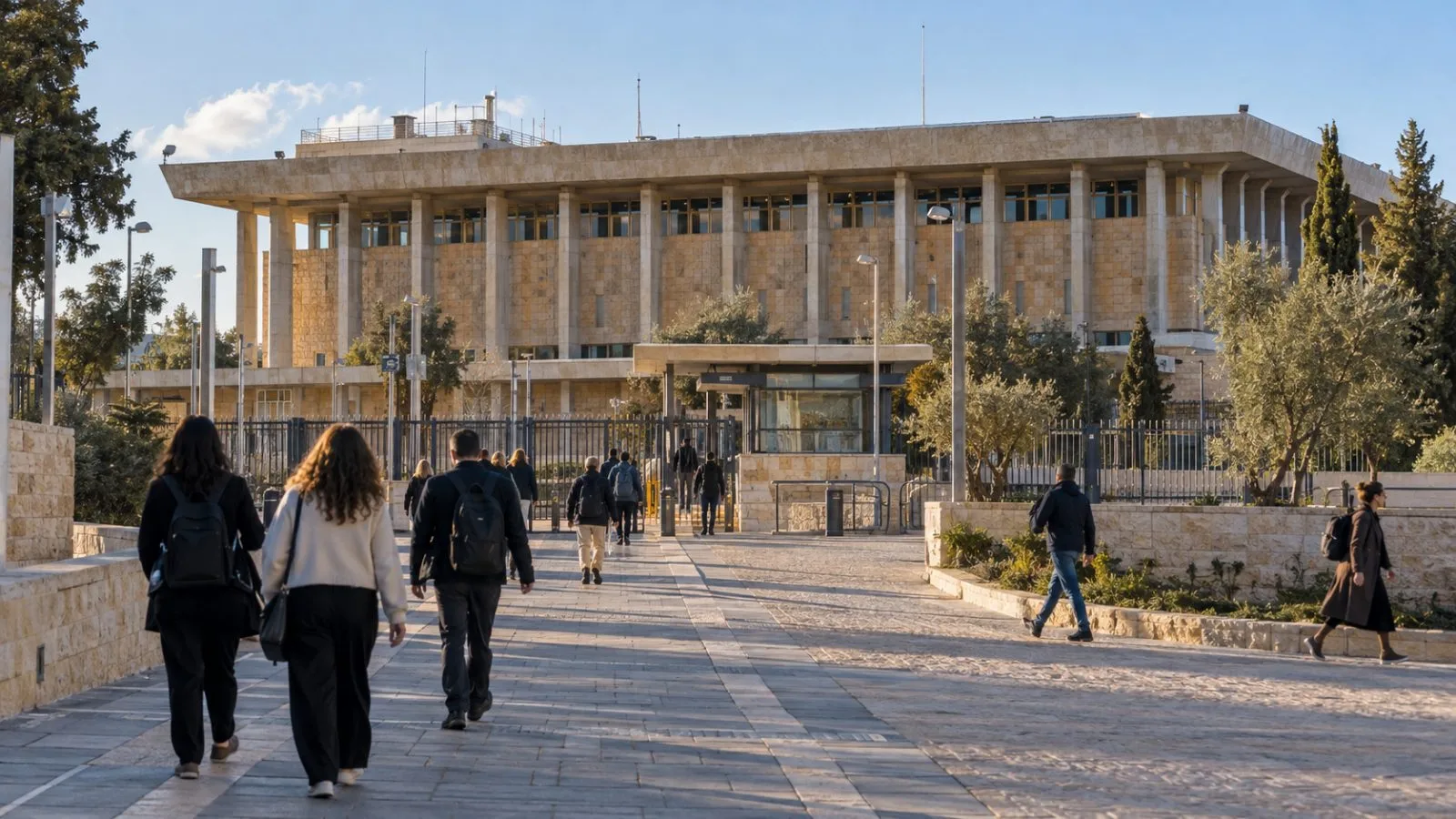 Pedestrians walk outside the Knesset in Jerusalem on a clear afternoon. (AI-generated image / EconoTimes)