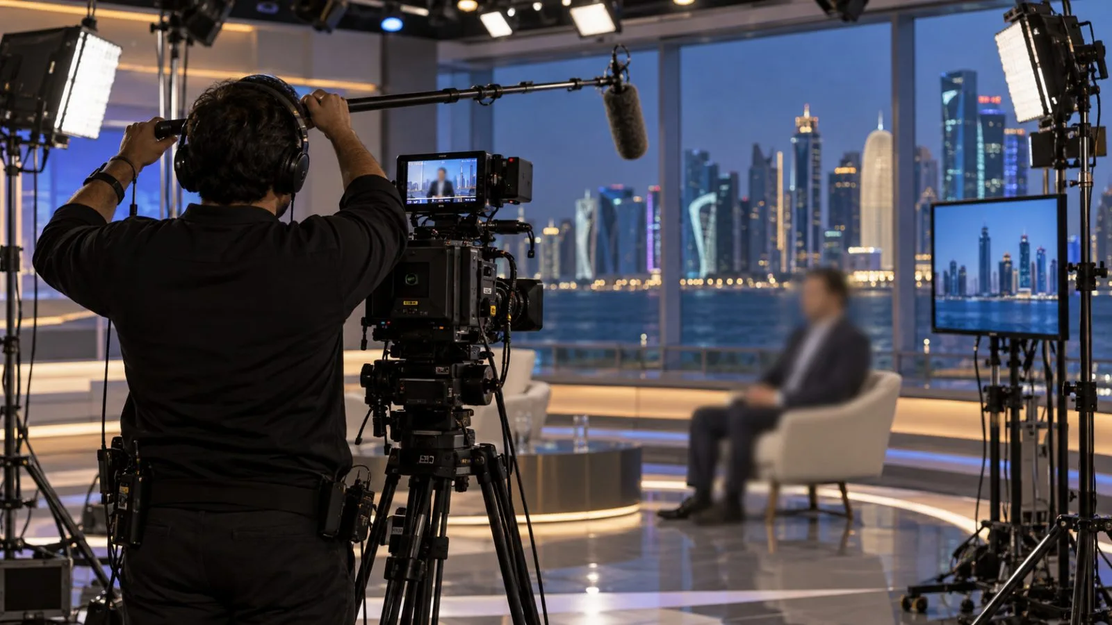 A television crew films an interview at an Al Jazeera studio in Doha, Qatar. (AI-generated image / EconoTimes)