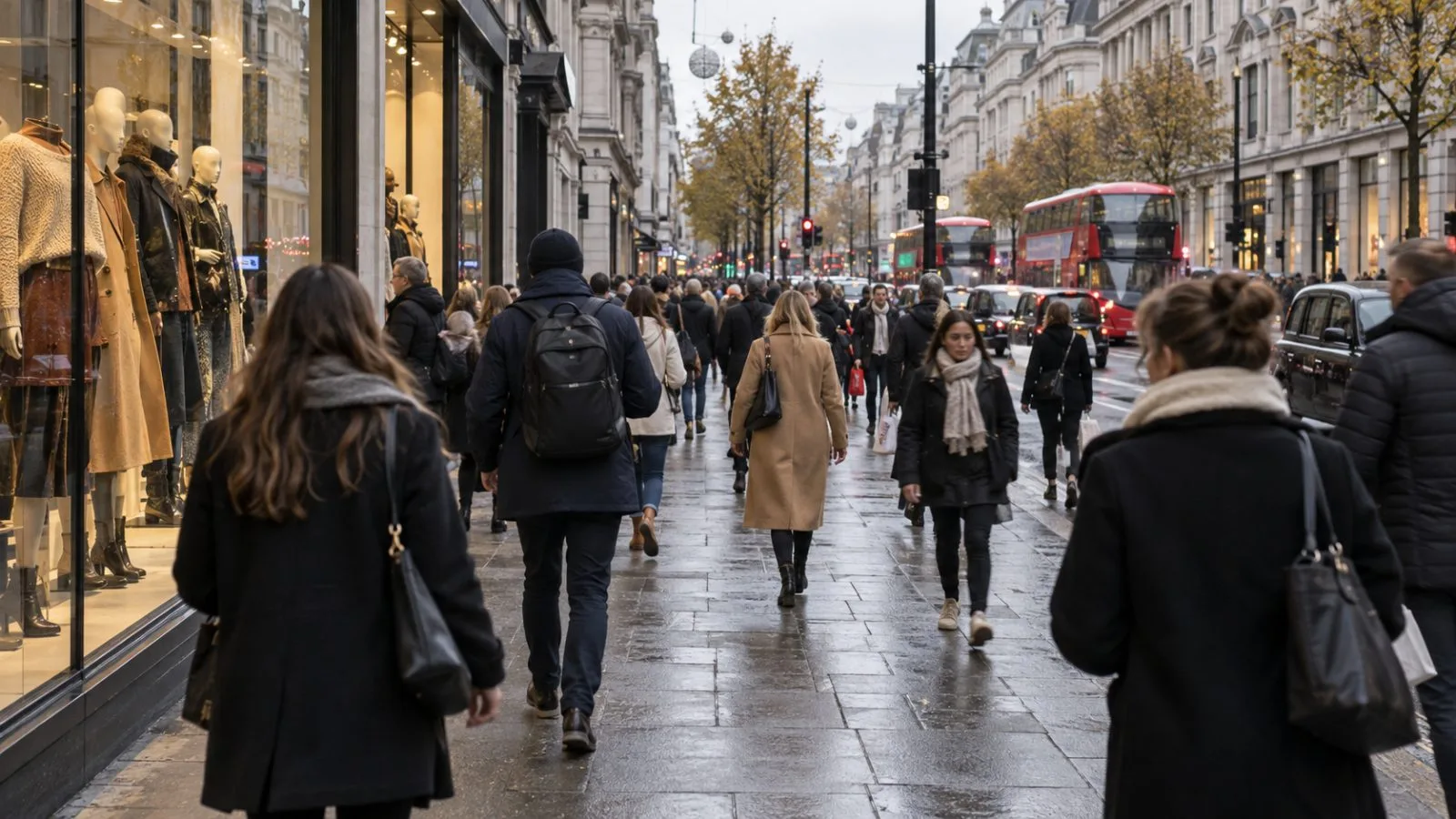 Pedestrians pass clothing storefronts on Oxford Street in London, England. (AI-generated image / EconoTimes)
