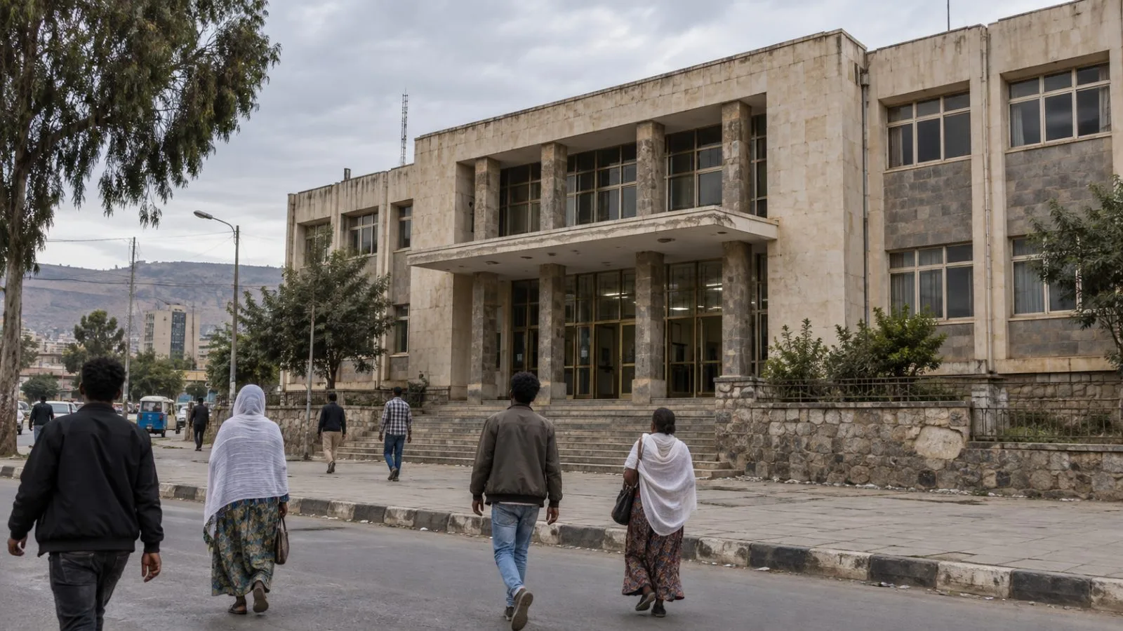 Residents walk past a public administration building in Mekelle, Tigray, Ethiopia (AI-generated image / EconoTimes)