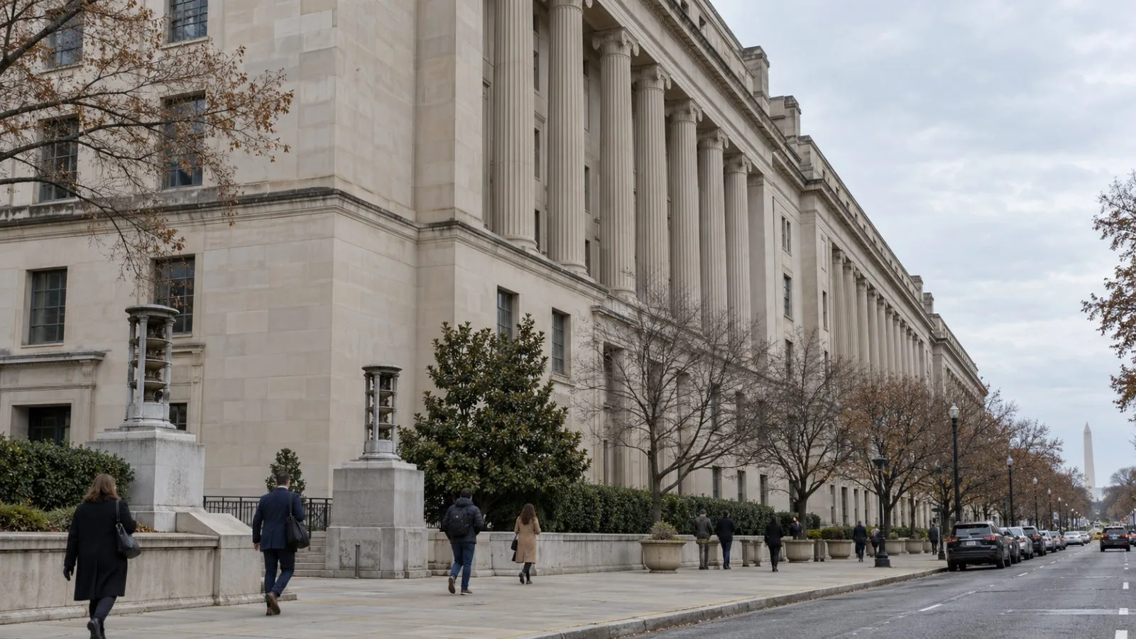 Visitors pass the U.S. Department of Justice headquarters in Washington, D.C., beneath an overcast sky. (AI-generated image / EconoTimes)