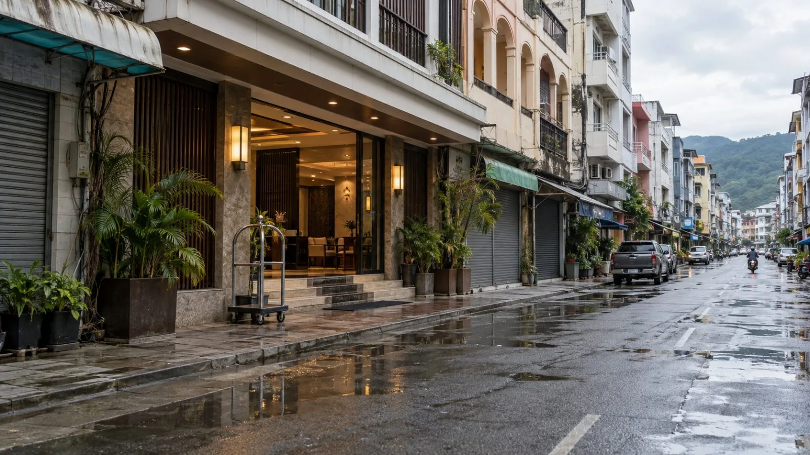 A quiet hotel entrance faces a street in Hat Yai, southern Thailand. (AI-generated image / EconoTimes)