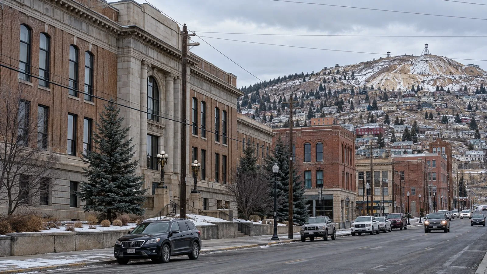 Utility lines cross a street outside an office in Butte, Montana (AI-generated image / EconoTimes)