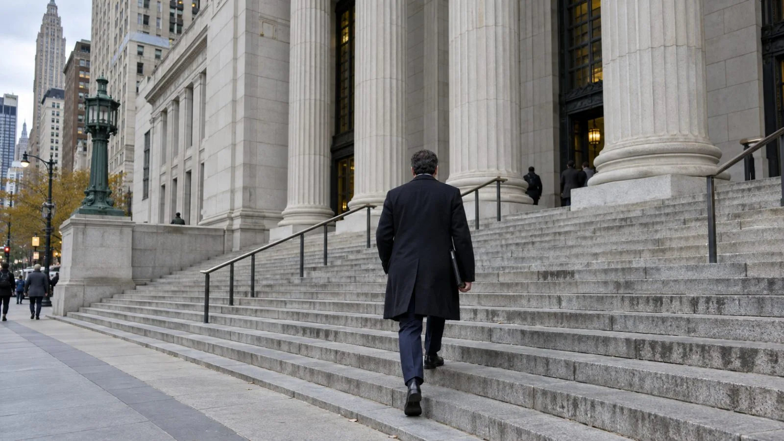 Attorneys climb the steps of the Daniel Patrick Moynihan U.S. Courthouse in Manhattan. (AI-generated image / EconoTimes)