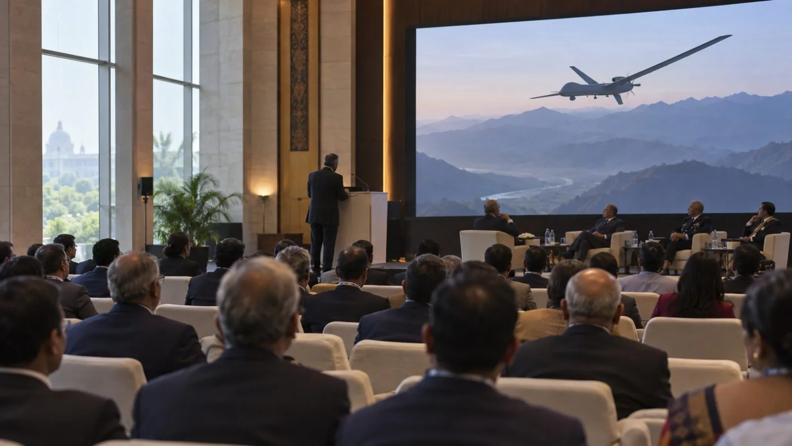 Delegates attend a discussion on drone warfare at the NDTV World Summit in New Delhi, India (AI-generated image / EconoTimes)