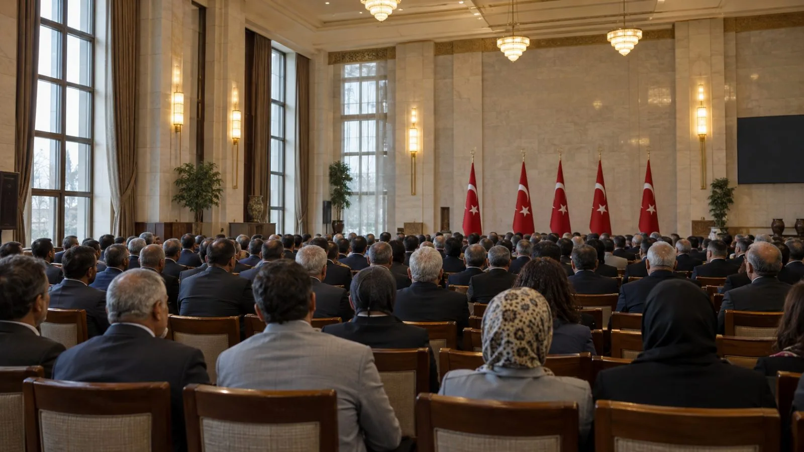 Attendees listen to an address at the Presidential Complex in Ankara. (AI-generated image / EconoTimes)