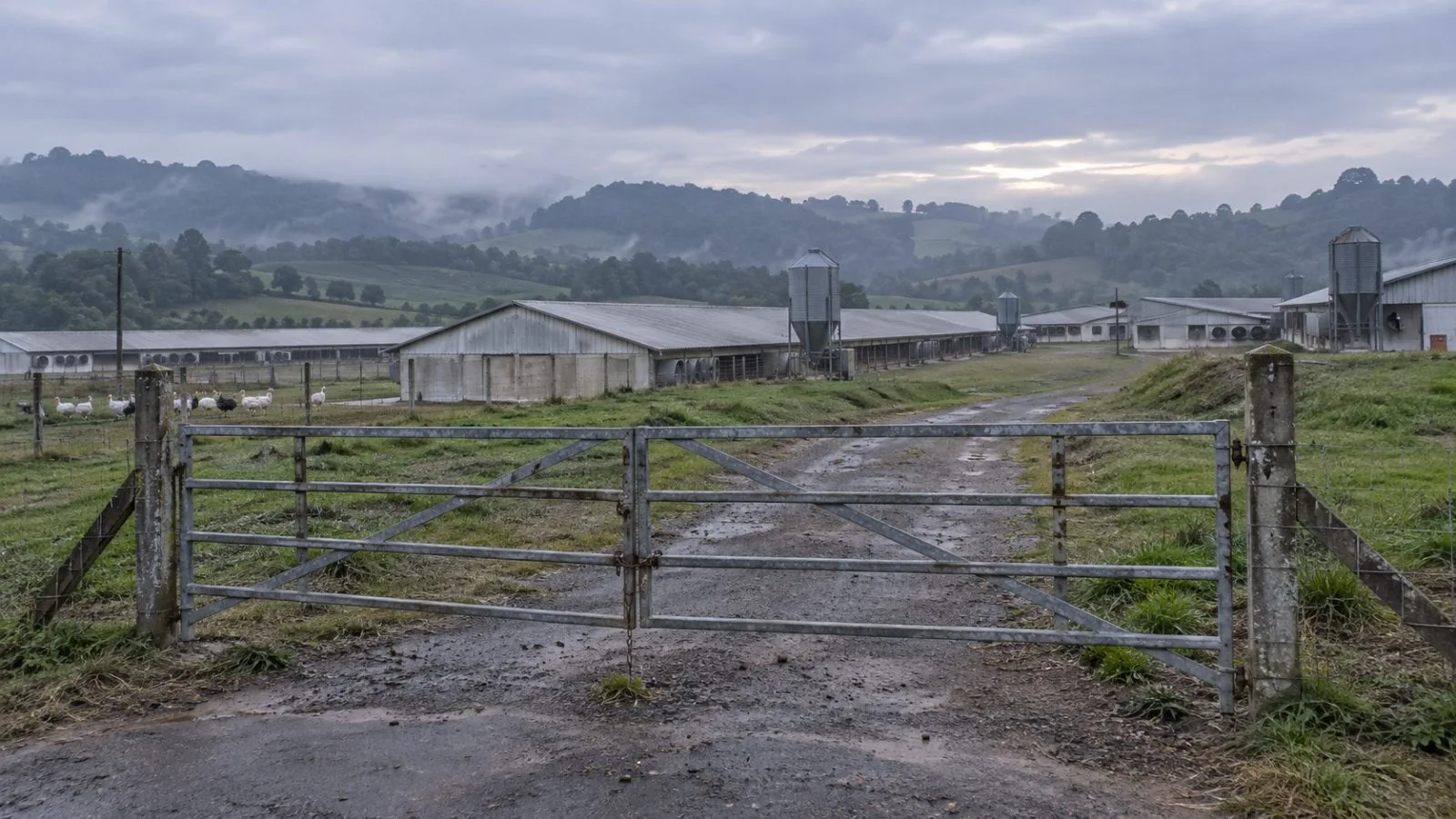 A closed farm gate fronts poultry barns near Nova Itaberaba, Santa Catarina, Brazil. (AI-generated image / EconoTimes)