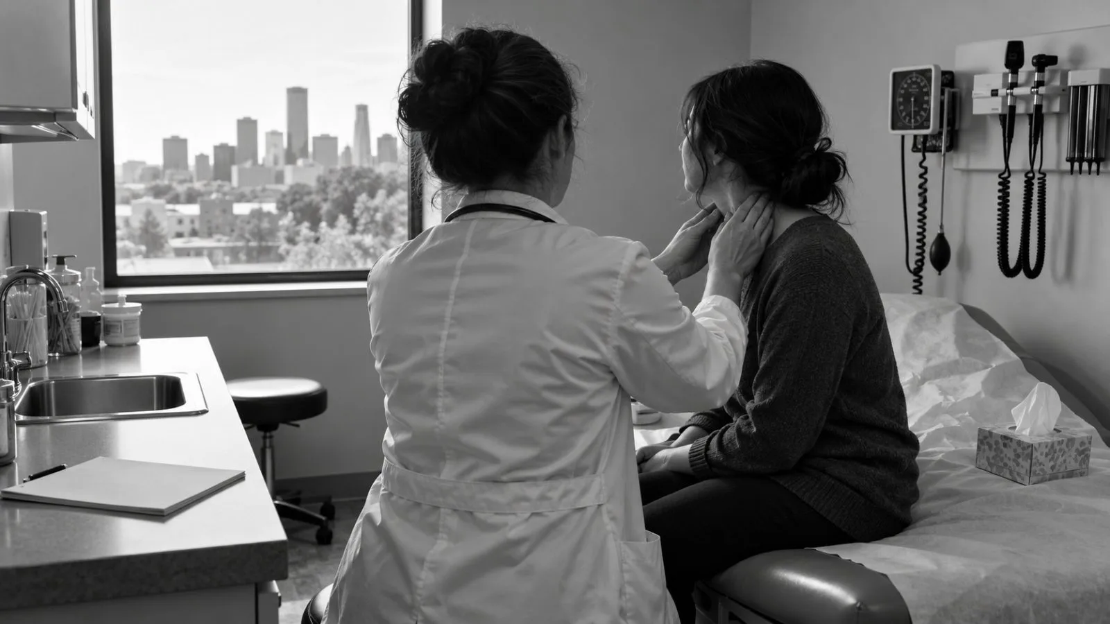 A clinician examines a patient in a Minneapolis primary care examination room. (AI-generated image / EconoTimes)