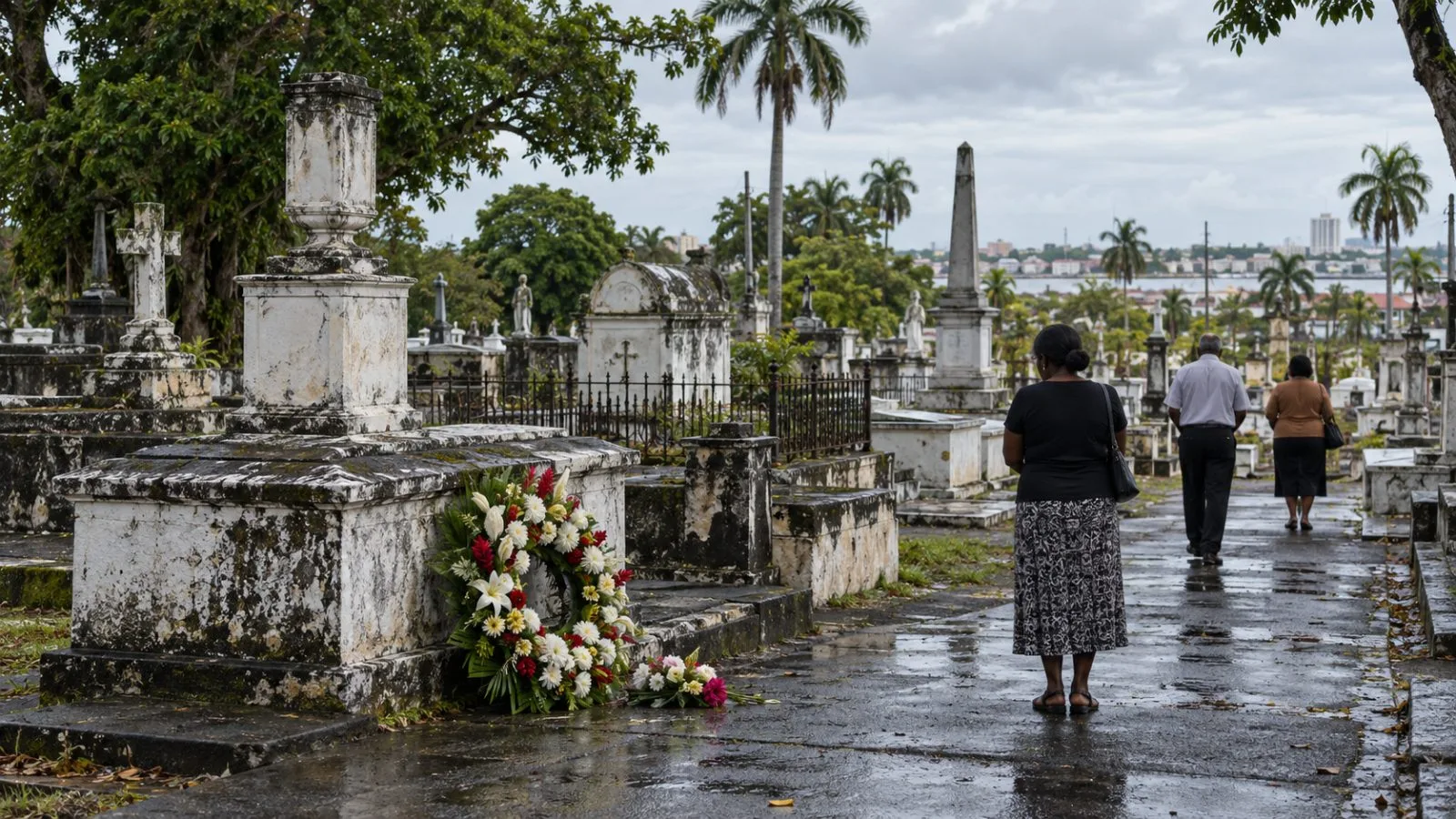 A wreath rests beside a war memorial at a cemetery in Georgetown, Guyana. (AI-generated image / EconoTimes)