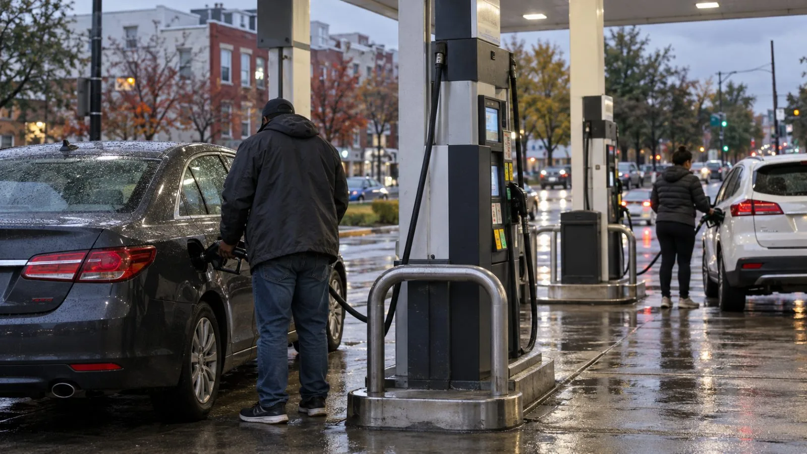 A motorist refuels at a gas station in Washington, D.C., under evening lights. (AI-generated image / EconoTimes)