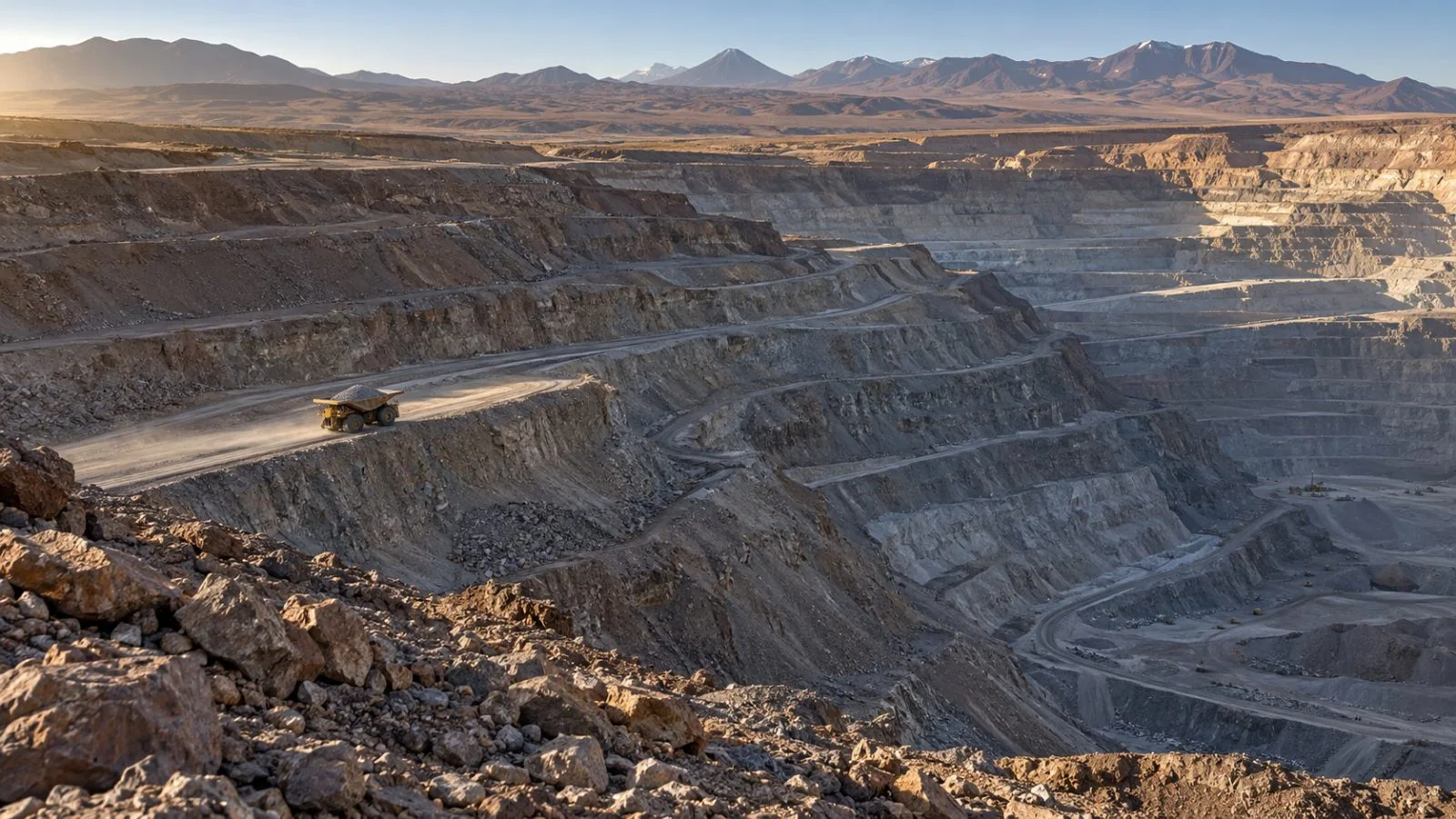 Haul trucks move ore across terraced benches at a copper mine near Calama, Chile. (AI-generated image / EconoTimes)