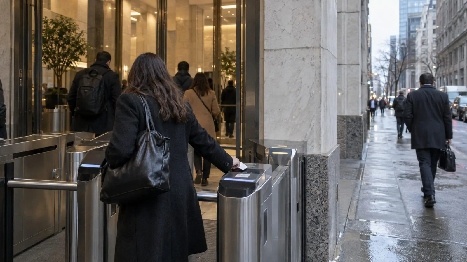 Commuters pass a security turnstile outside a financial office in Manhattan, New York (AI-generated image / EconoTimes)