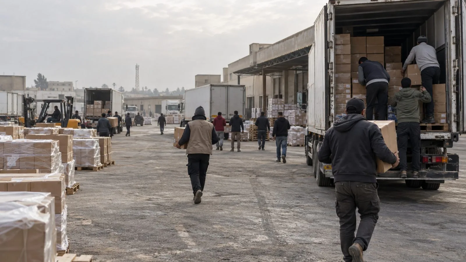 Workers load food cartons onto aid trucks at the humanitarian logistics centre in Al Arish, Egypt. (AI-generated image / EconoTimes)